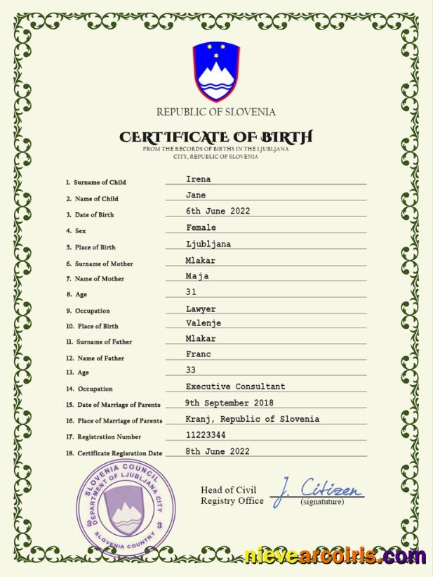 Slovenia birth certificate